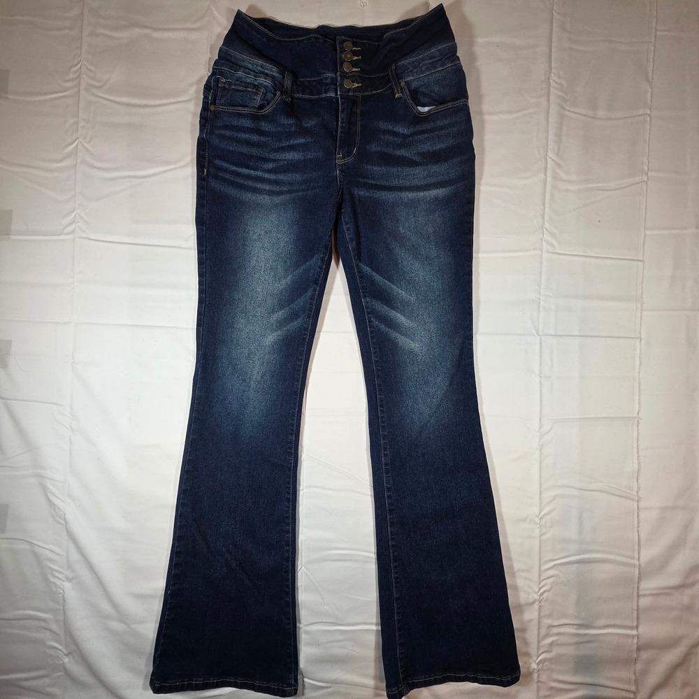 Flamingals Womens High Waisted Flare Jeans Dark Wash Four Button